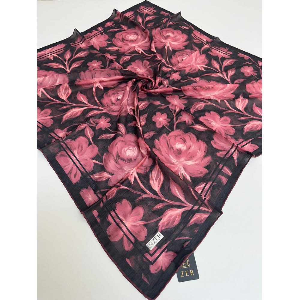 ROSAVA EŞARP SİYAH SOFT PEMBE ÇİÇEK